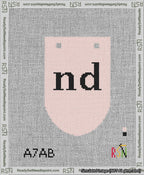 A taped needlepoint canvas with the design: Banner 13 mesh count Rounded nd Black on Pink.