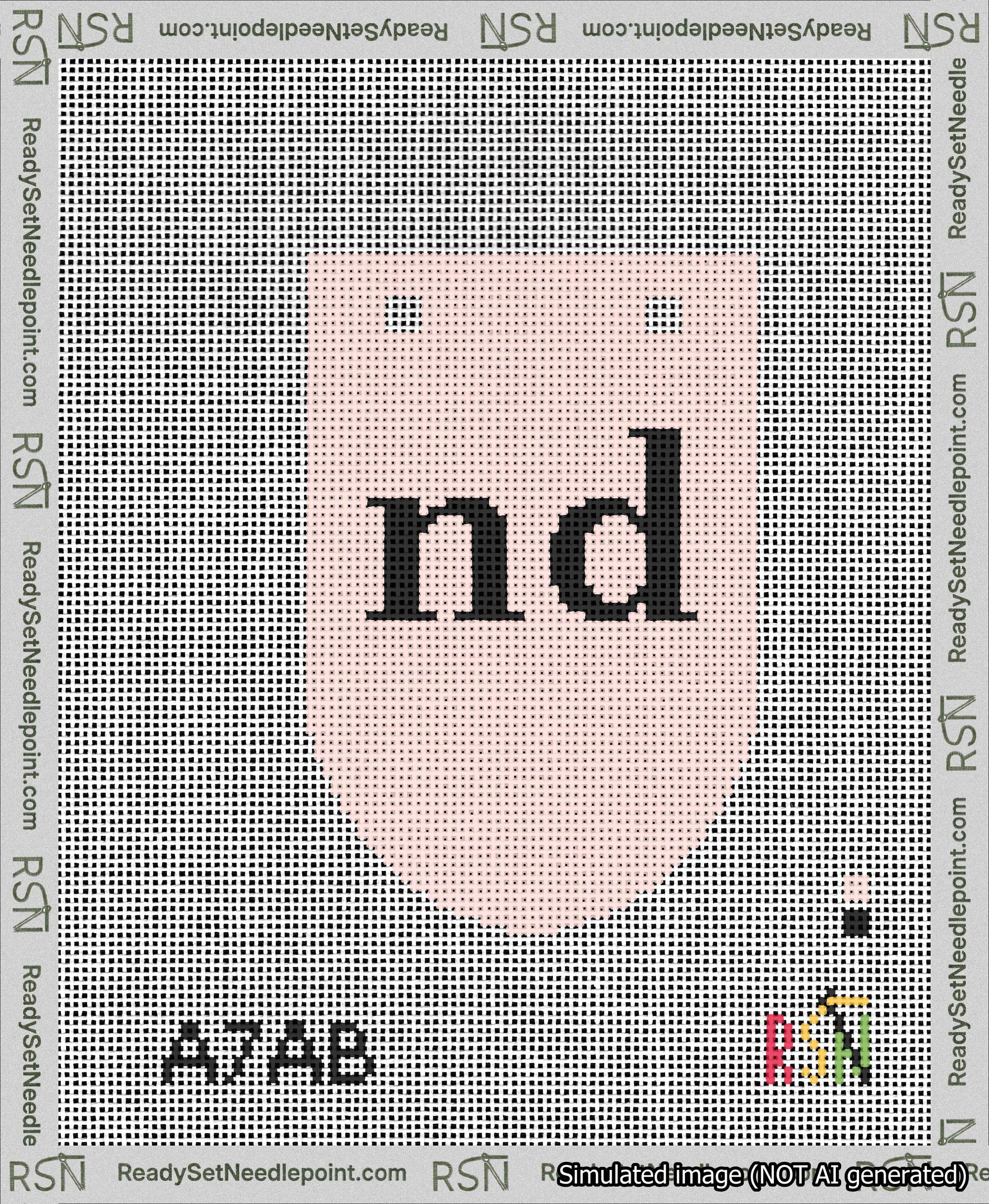 A taped needlepoint canvas with the design: Banner 13 mesh count Rounded nd Black on Pink.