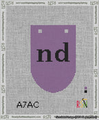 A taped needlepoint canvas with the design: Banner 13 mesh count Rounded nd Black on Purple.