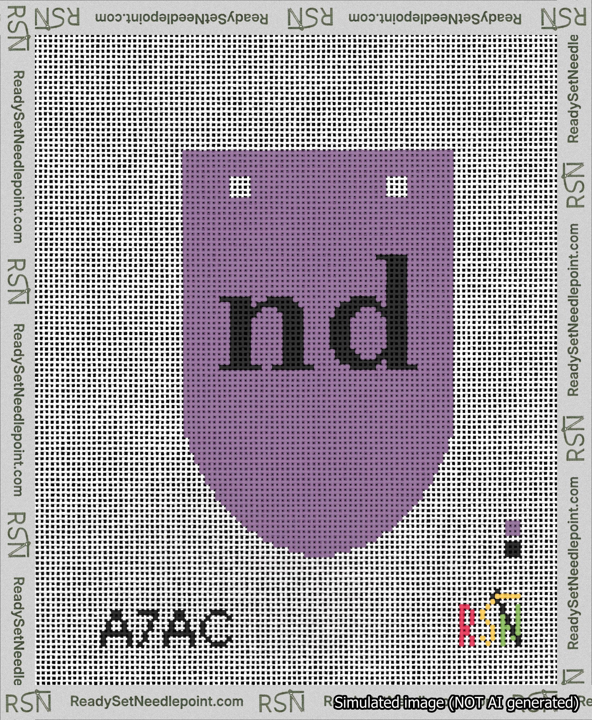 A taped needlepoint canvas with the design: Banner 13 mesh count Rounded nd Black on Purple.