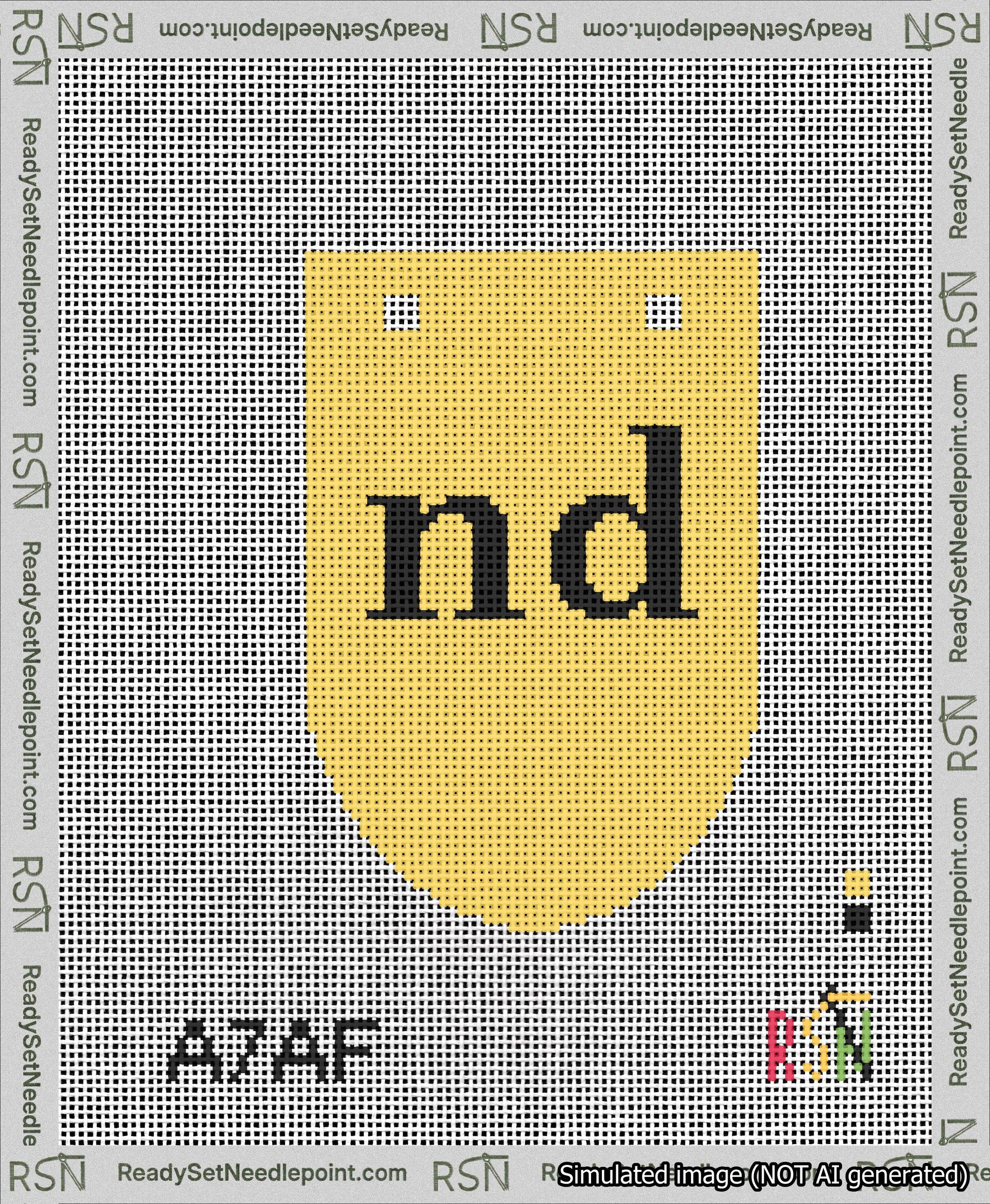 A taped needlepoint canvas with the design: Banner 13 mesh count Rounded nd Black on Yellow.