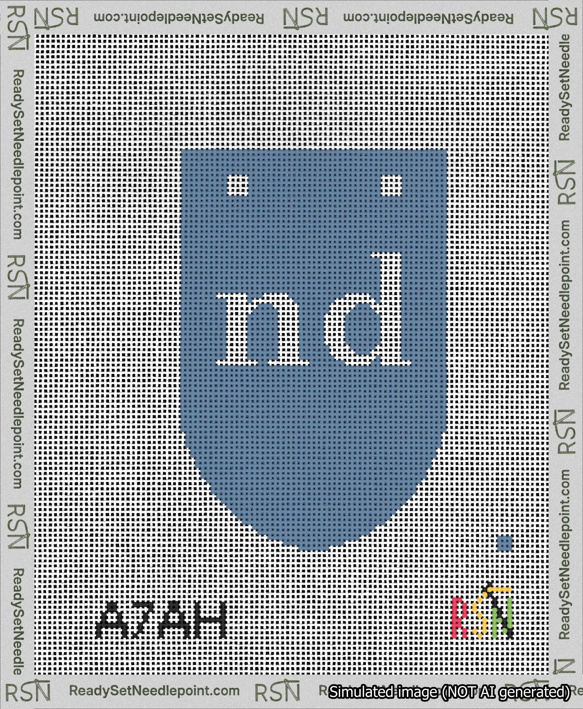 A taped needlepoint canvas with the design: Banner 13 mesh count Rounded nd White on Blue.