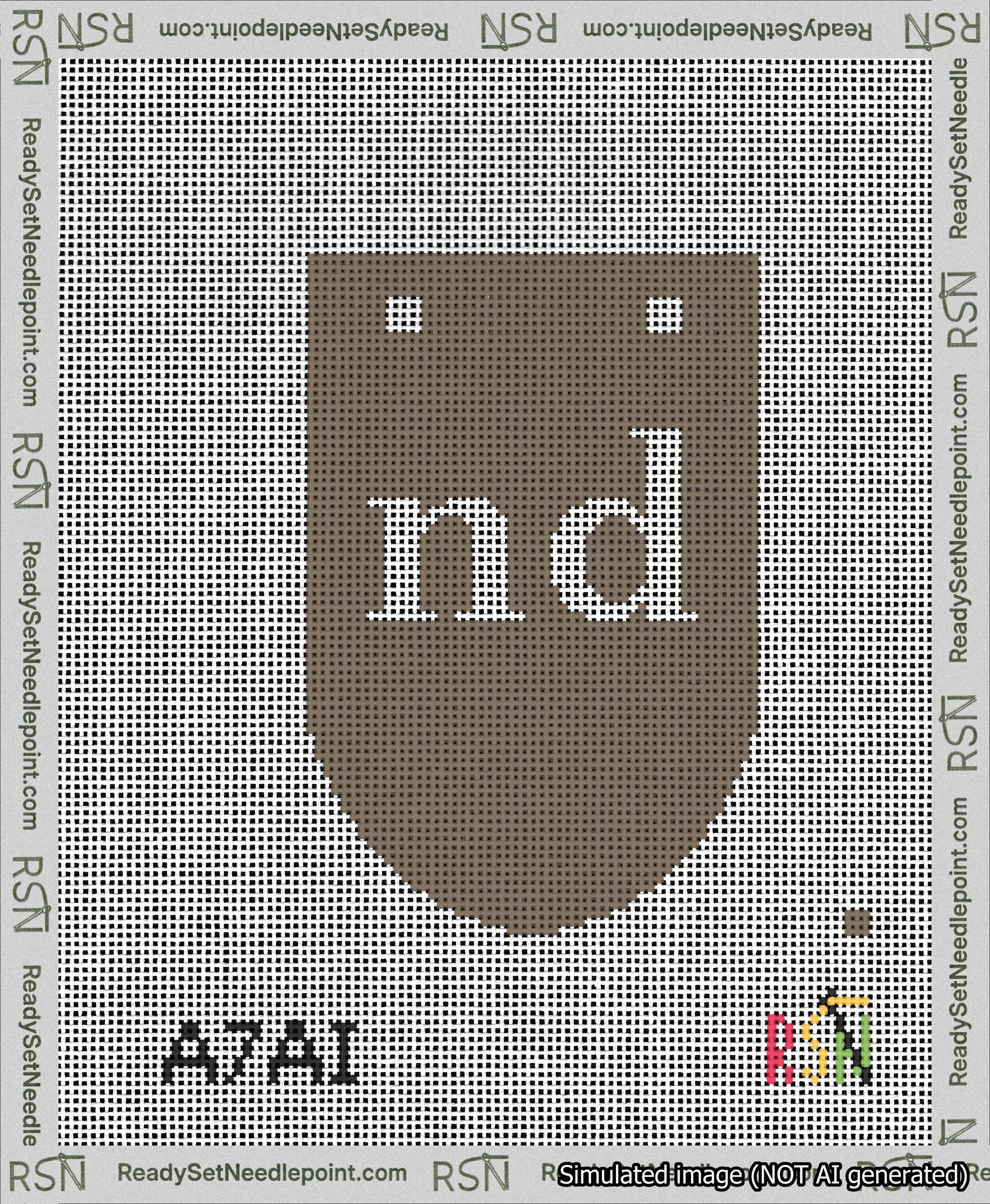 A taped needlepoint canvas with the design: Banner 13 mesh count Rounded nd White on Brown.