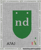 A taped needlepoint canvas with the design: Banner 13 mesh count Rounded nd White on Green.