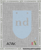 A taped needlepoint canvas with the design: Banner 13 mesh count Rounded nd White on Light Blue.
