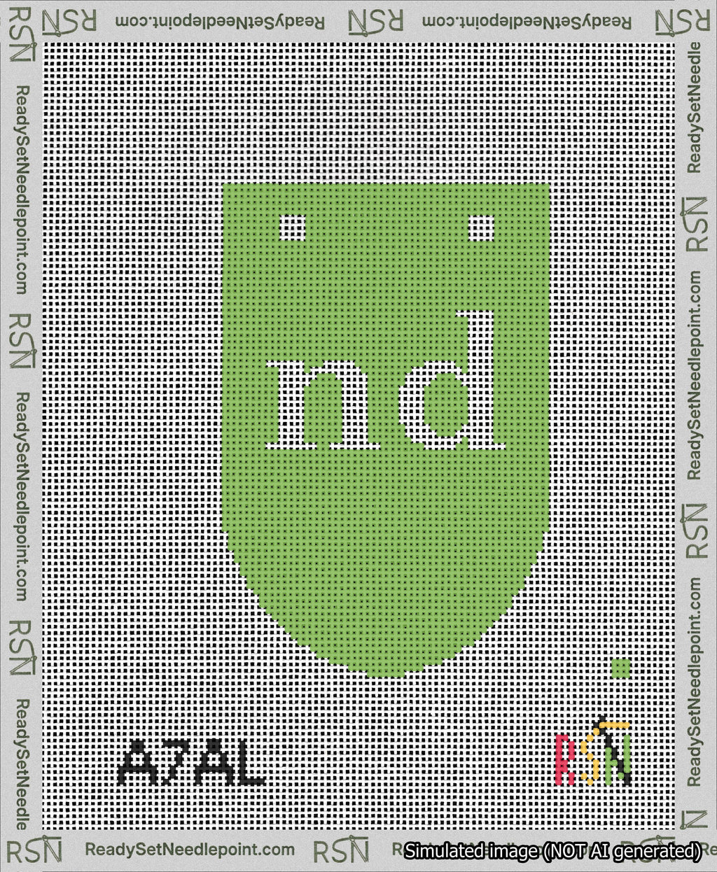 A taped needlepoint canvas with the design: Banner 13 mesh count Rounded nd White on Light Green.