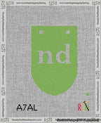 A taped needlepoint canvas with the design: Banner 13 mesh count Rounded nd White on Light Green.
