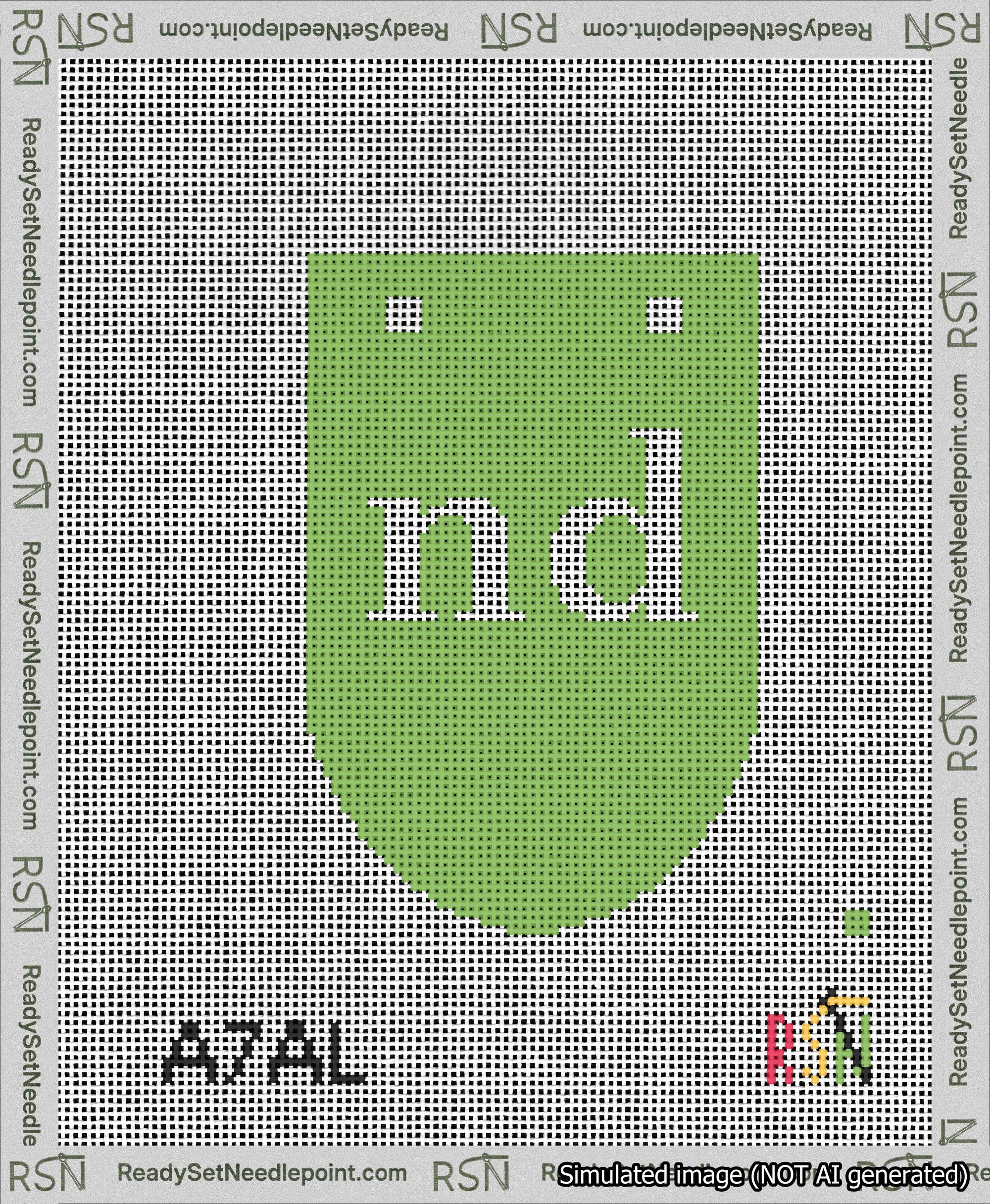 A taped needlepoint canvas with the design: Banner 13 mesh count Rounded nd White on Light Green.