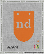 A taped needlepoint canvas with the design: Banner 13 mesh count Rounded nd White on Orange.