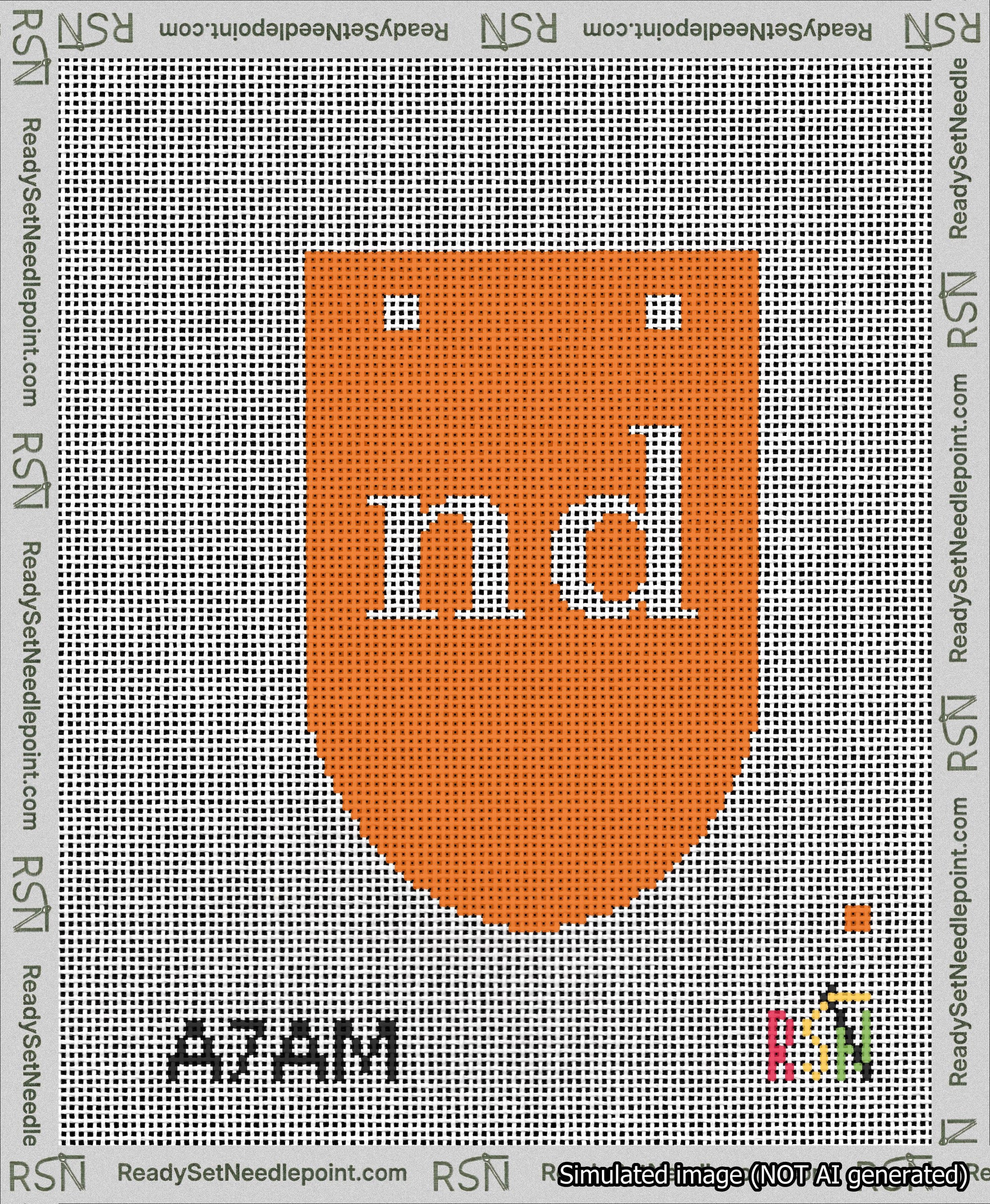 A taped needlepoint canvas with the design: Banner 13 mesh count Rounded nd White on Orange.
