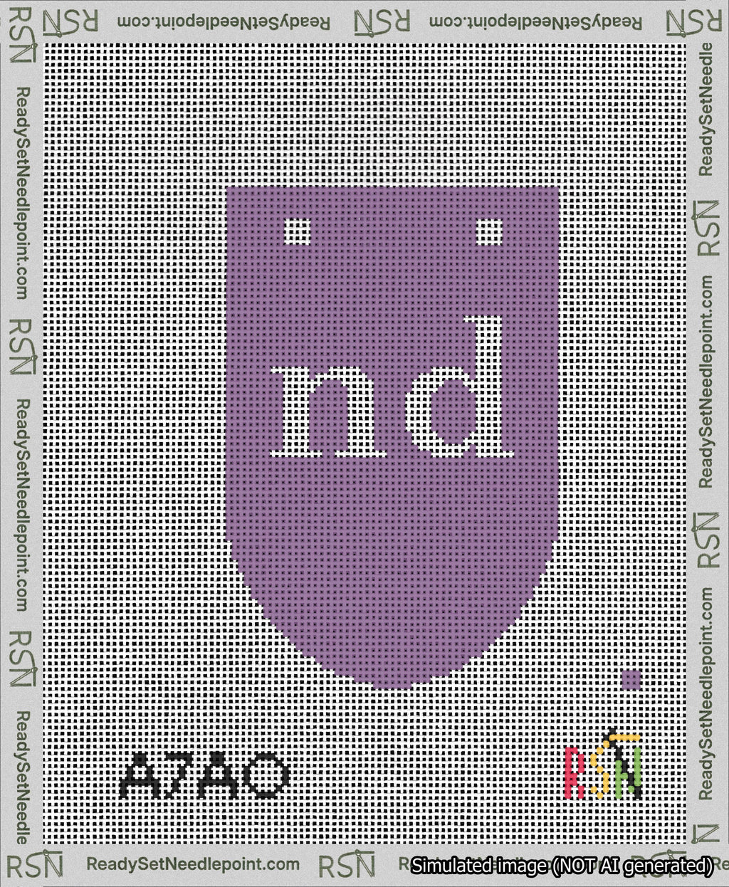 A taped needlepoint canvas with the design: Banner 13 mesh count Rounded nd White on Purple.