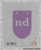 A taped needlepoint canvas with the design: Banner 13 mesh count Rounded nd White on Purple.