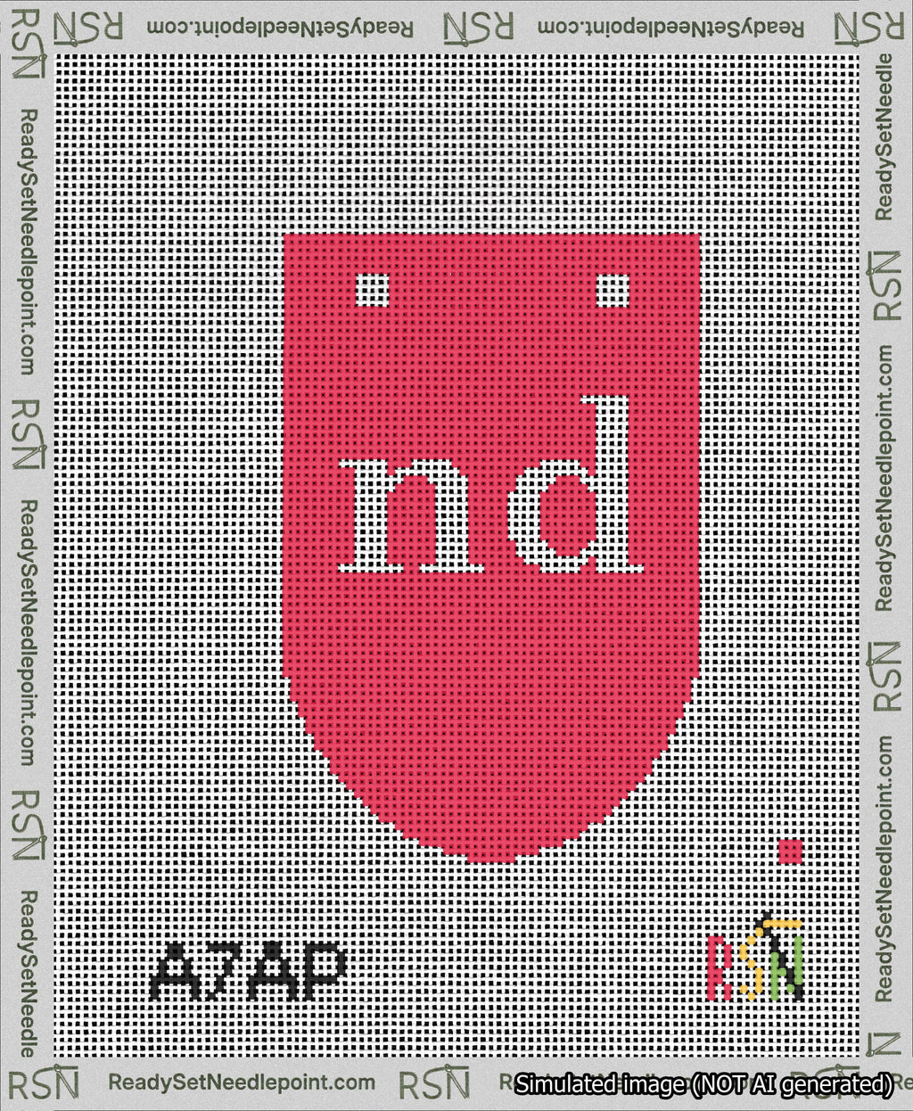 A taped needlepoint canvas with the design: Banner 13 mesh count Rounded nd White on Red.