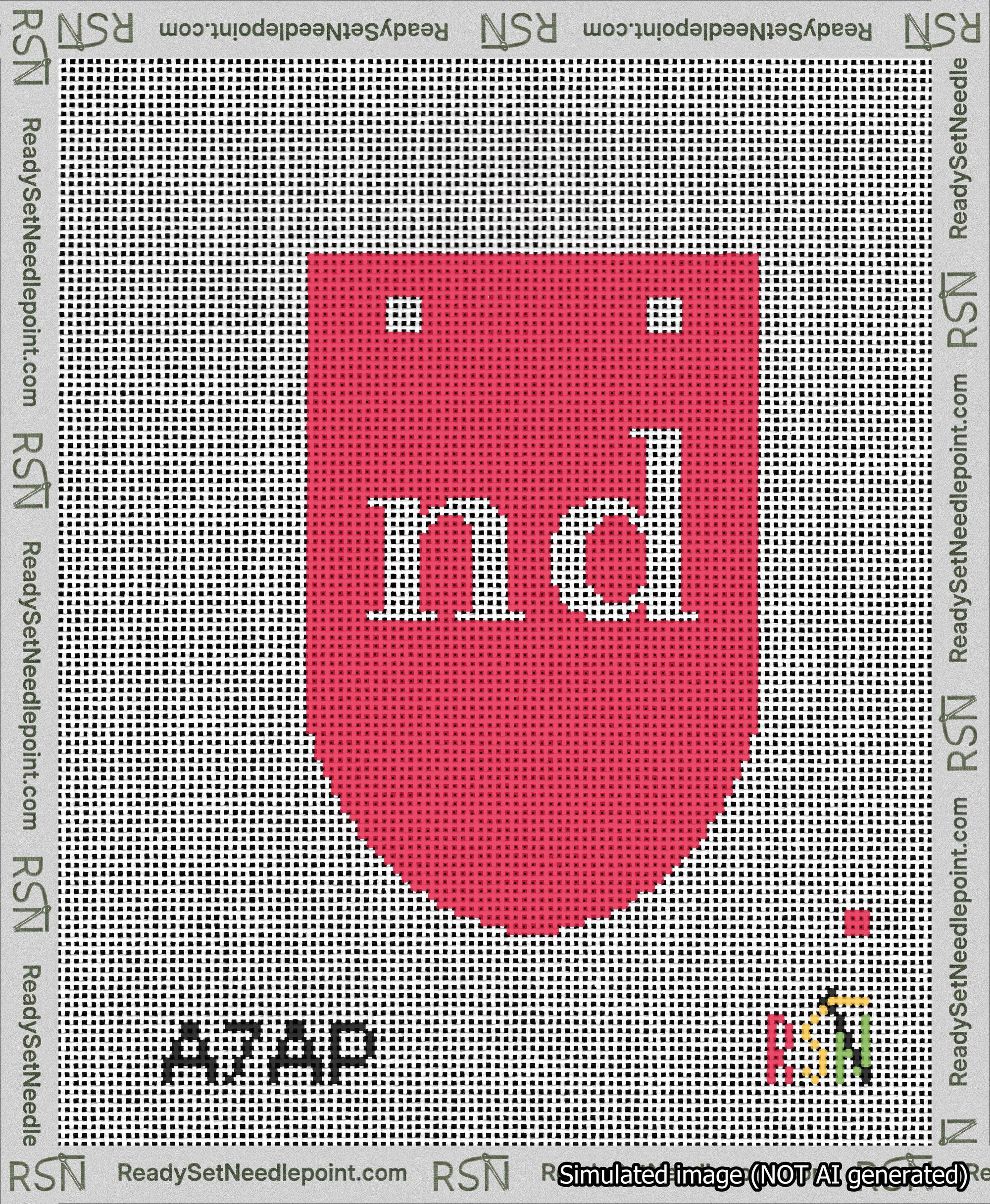 A taped needlepoint canvas with the design: Banner 13 mesh count Rounded nd White on Red.