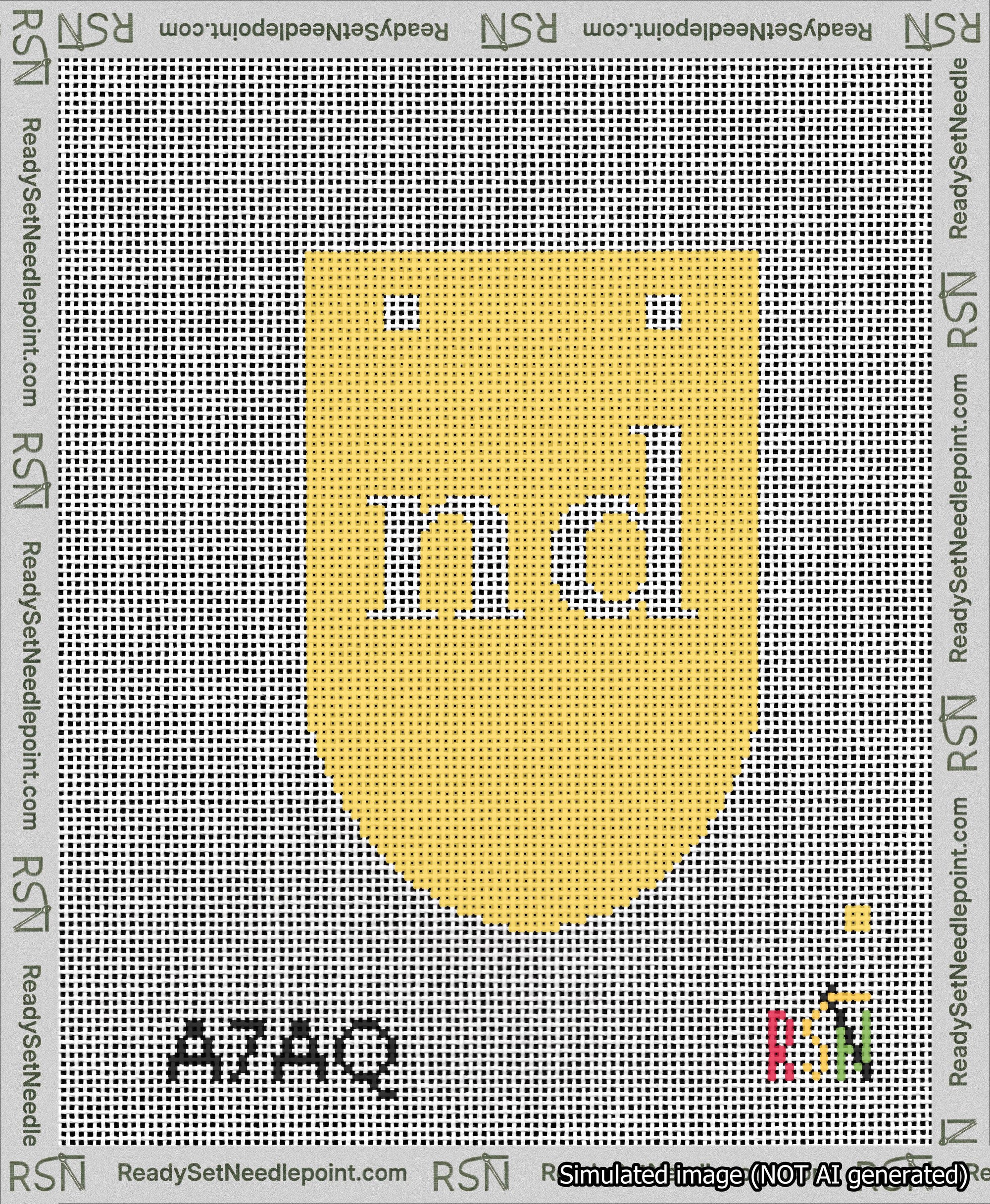 A taped needlepoint canvas with the design: Banner 13 mesh count Rounded nd White on Yellow.