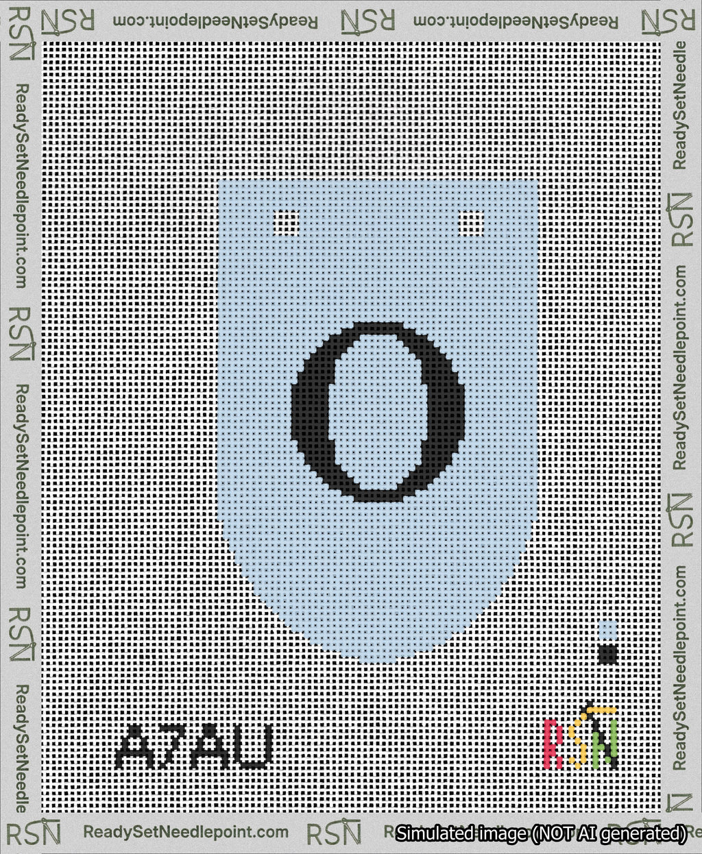 A taped needlepoint canvas with the design: Banner 13 mesh count Rounded O Black on Light Blue.