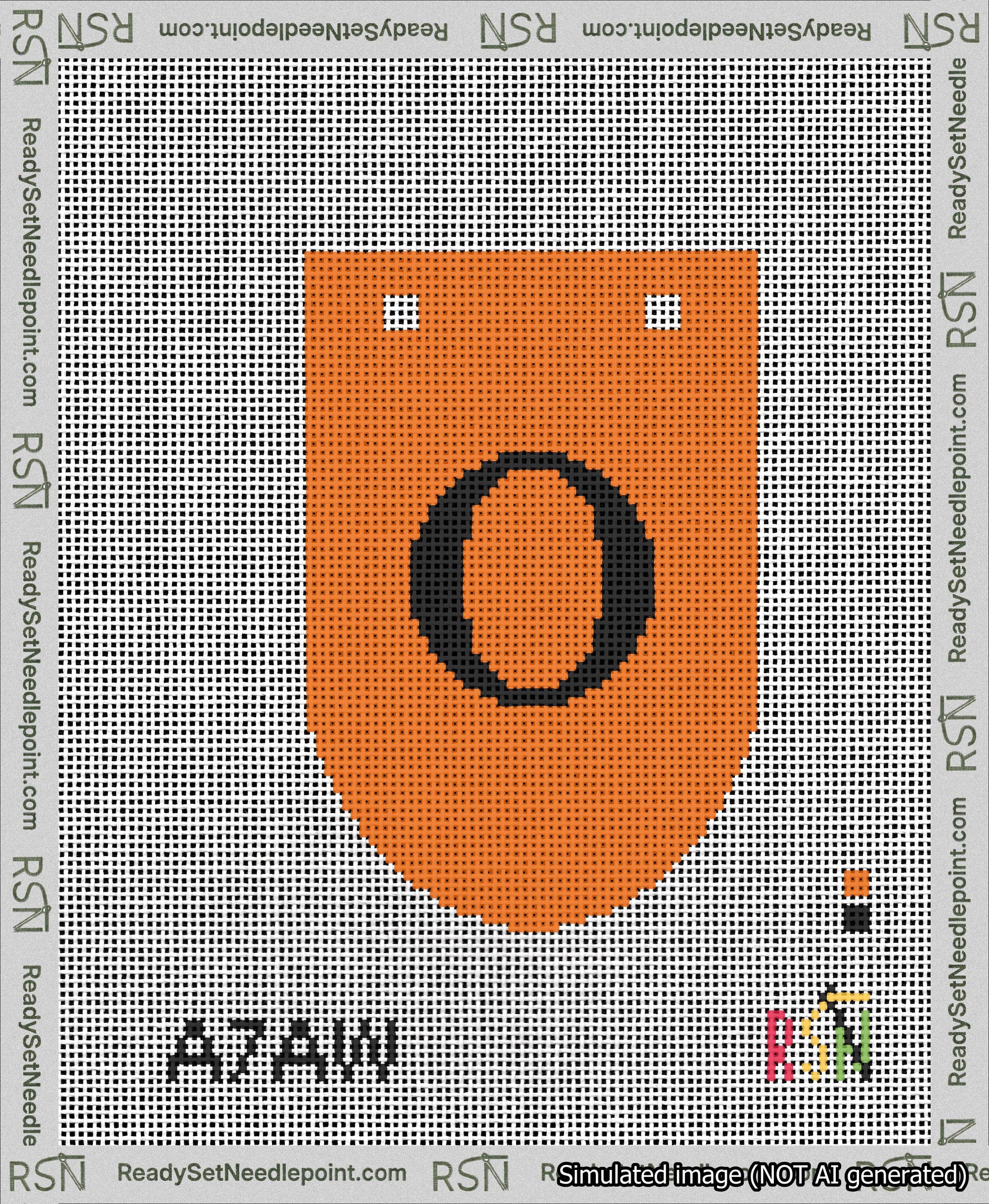 A taped needlepoint canvas with the design: Banner 13 mesh count Rounded O Black on Orange.