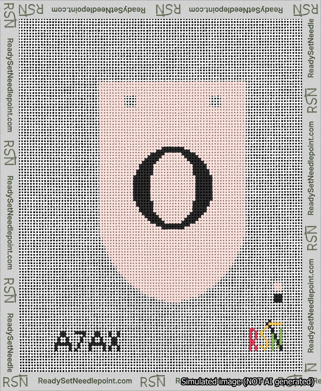 A taped needlepoint canvas with the design: Banner 13 mesh count Rounded O Black on Pink.