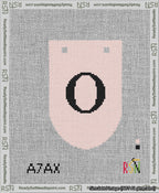 A taped needlepoint canvas with the design: Banner 13 mesh count Rounded O Black on Pink.