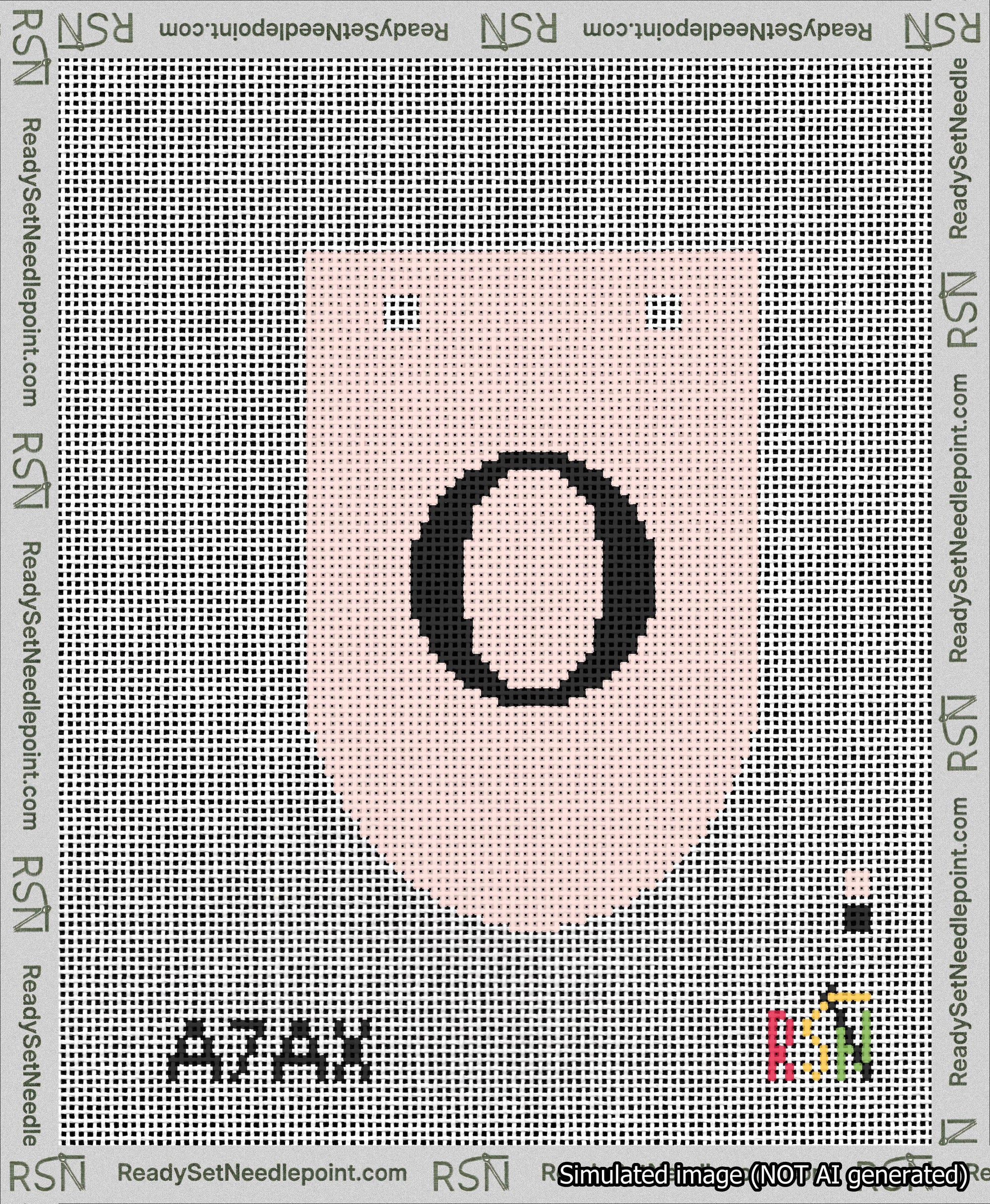 A taped needlepoint canvas with the design: Banner 13 mesh count Rounded O Black on Pink.