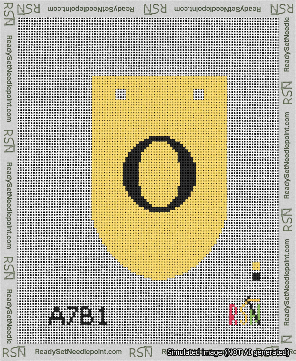 A taped needlepoint canvas with the design: Banner 13 mesh count Rounded O Black on Yellow.