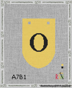 A taped needlepoint canvas with the design: Banner 13 mesh count Rounded O Black on Yellow.