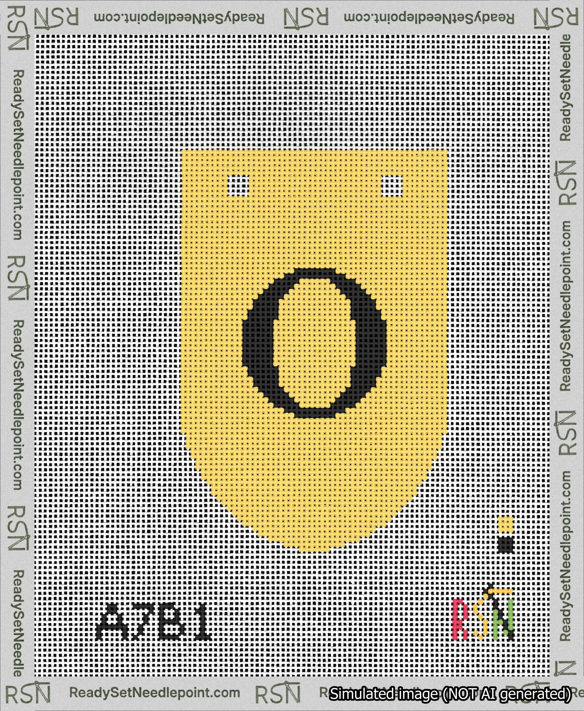 A taped needlepoint canvas with the design: Banner 13 mesh count Rounded O Black on Yellow.