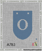 A taped needlepoint canvas with the design: Banner 13 mesh count Rounded O White on Blue.