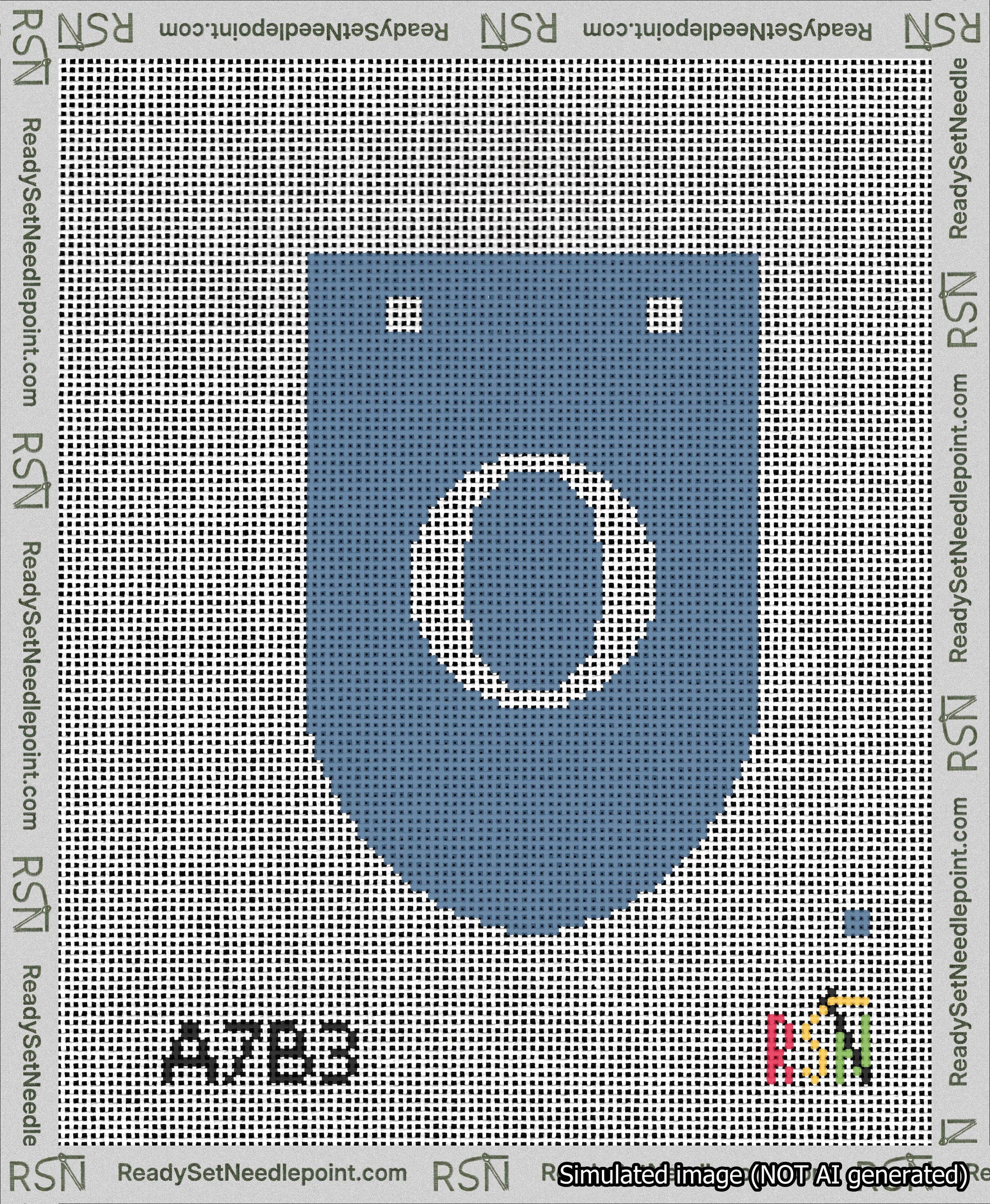 A taped needlepoint canvas with the design: Banner 13 mesh count Rounded O White on Blue.