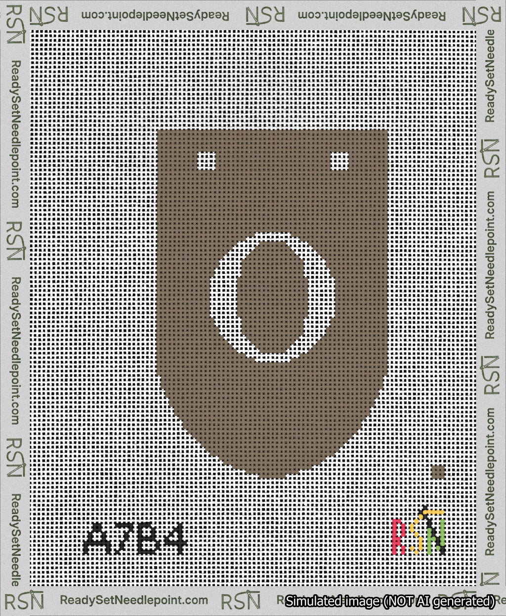 A taped needlepoint canvas with the design: Banner 13 mesh count Rounded O White on Brown.