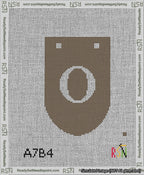 A taped needlepoint canvas with the design: Banner 13 mesh count Rounded O White on Brown.
