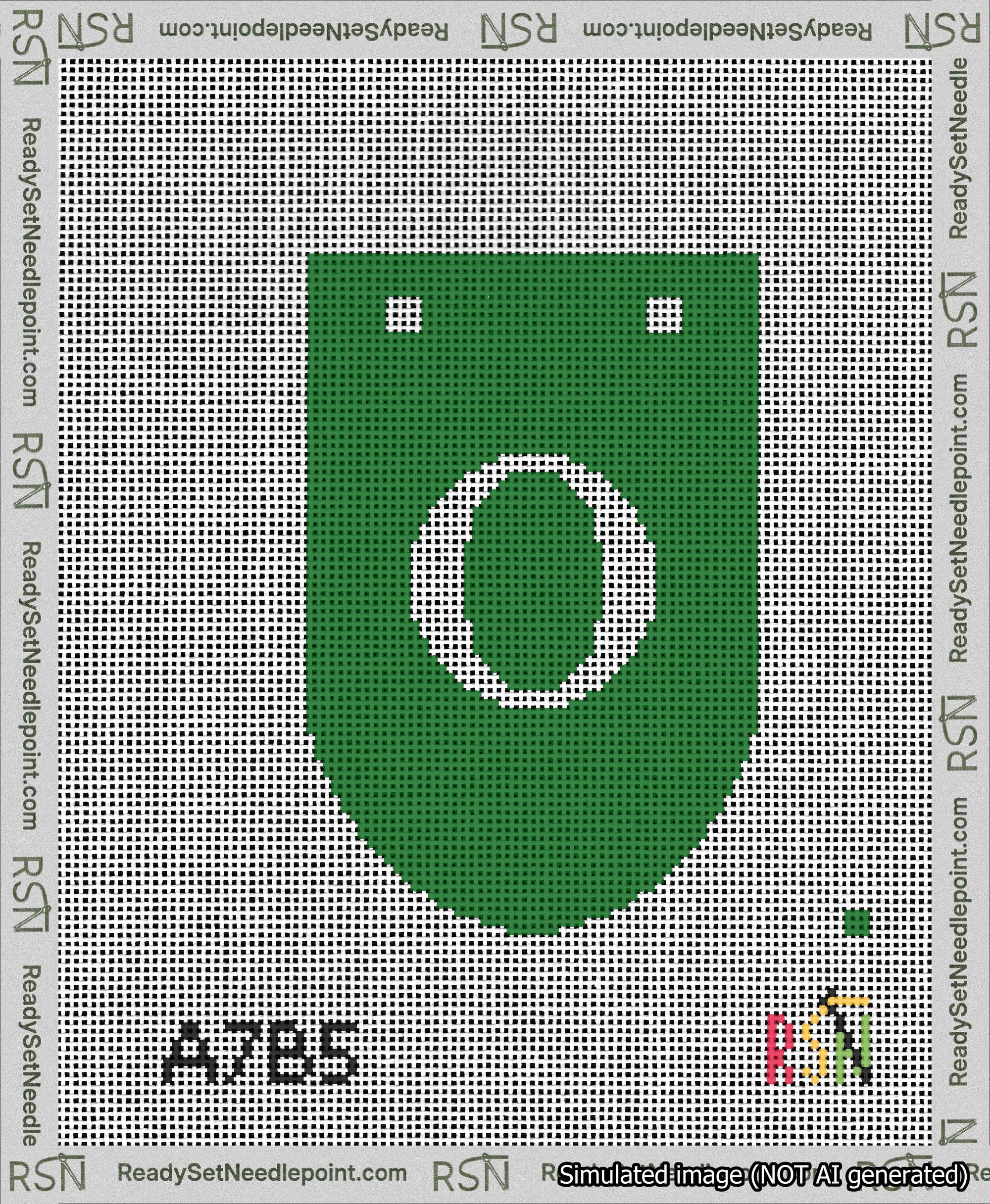 A taped needlepoint canvas with the design: Banner 13 mesh count Rounded O White on Green.