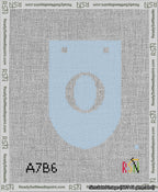 A taped needlepoint canvas with the design: Banner 13 mesh count Rounded O White on Light Blue.