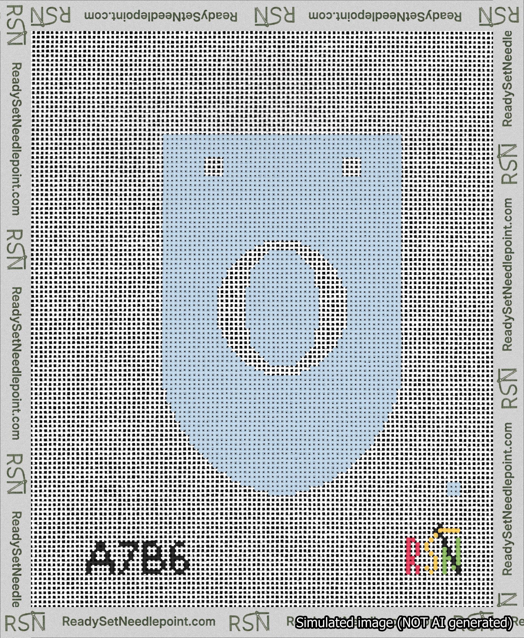 A taped needlepoint canvas with the design: Banner 13 mesh count Rounded O White on Light Blue.