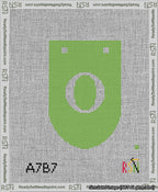 A taped needlepoint canvas with the design: Banner 13 mesh count Rounded O White on Light Green.