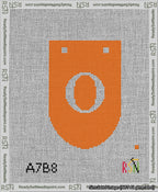 A taped needlepoint canvas with the design: Banner 13 mesh count Rounded O White on Orange.