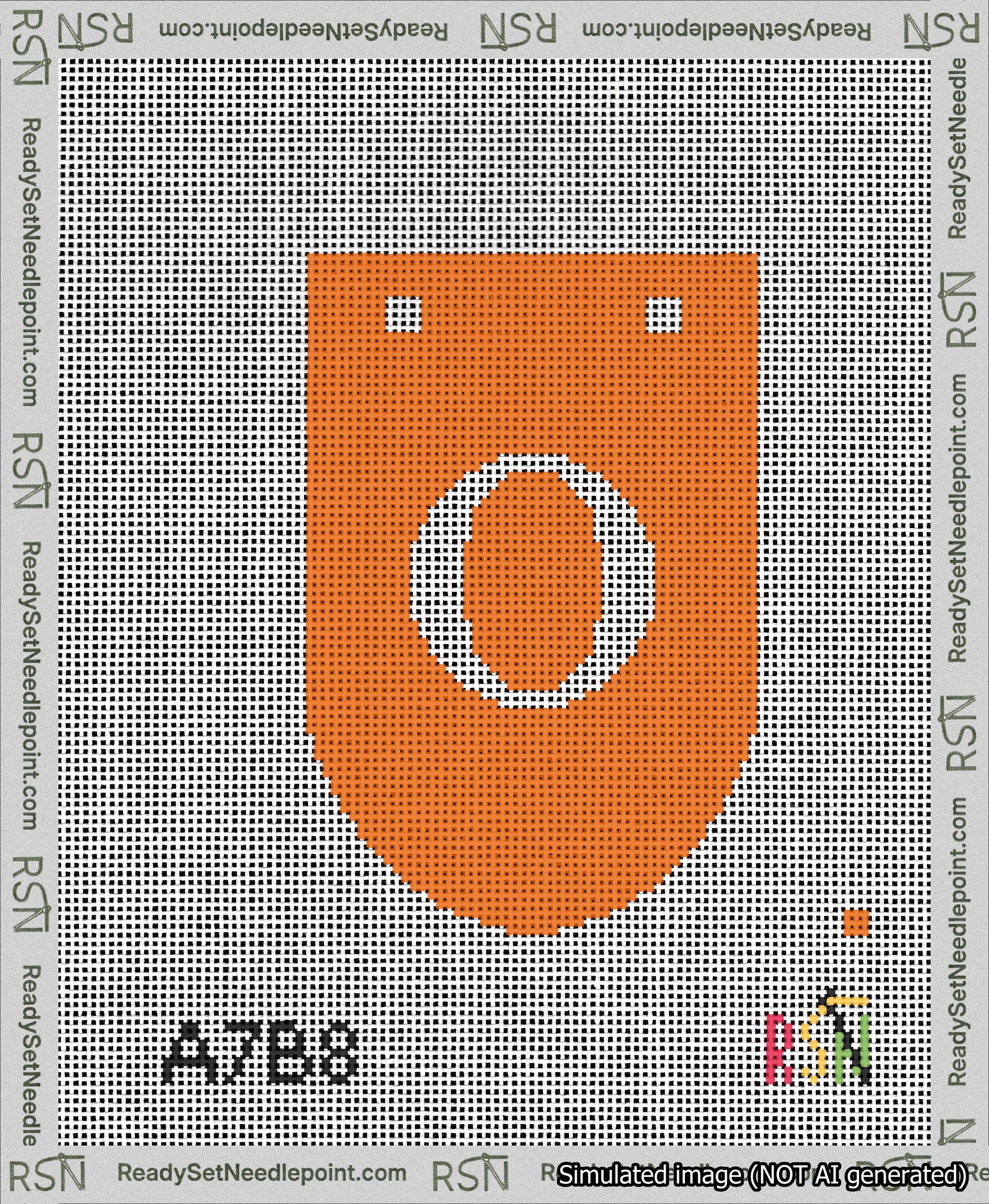 A taped needlepoint canvas with the design: Banner 13 mesh count Rounded O White on Orange.