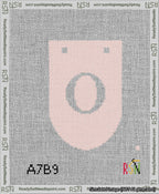 A taped needlepoint canvas with the design: Banner 13 mesh count Rounded O White on Pink.