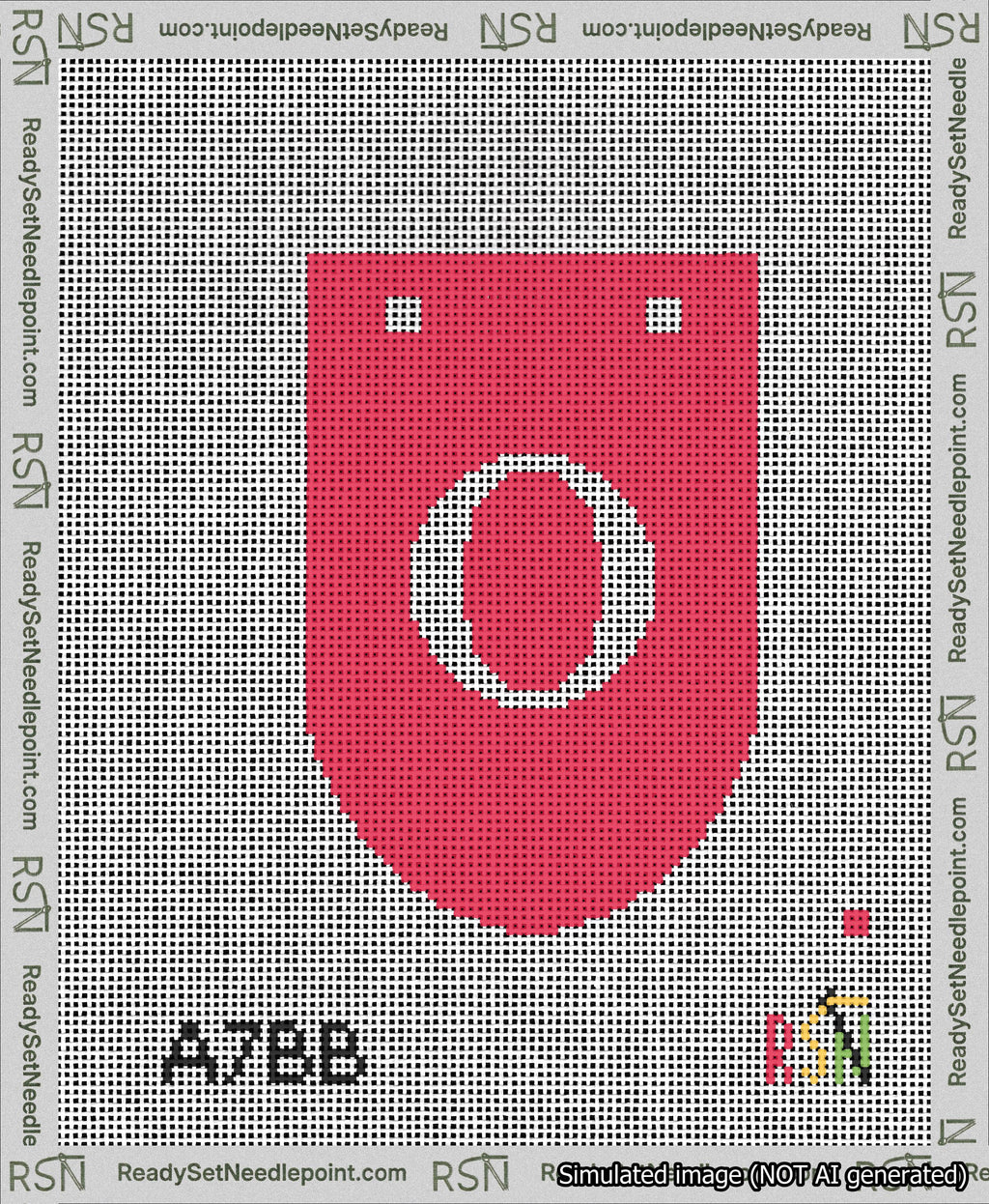 A taped needlepoint canvas with the design: Banner 13 mesh count Rounded O White on Red.