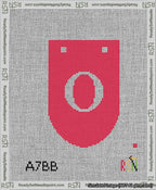 A taped needlepoint canvas with the design: Banner 13 mesh count Rounded O White on Red.