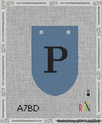A taped needlepoint canvas with the design: Banner 13 mesh count Rounded P Black on Blue.