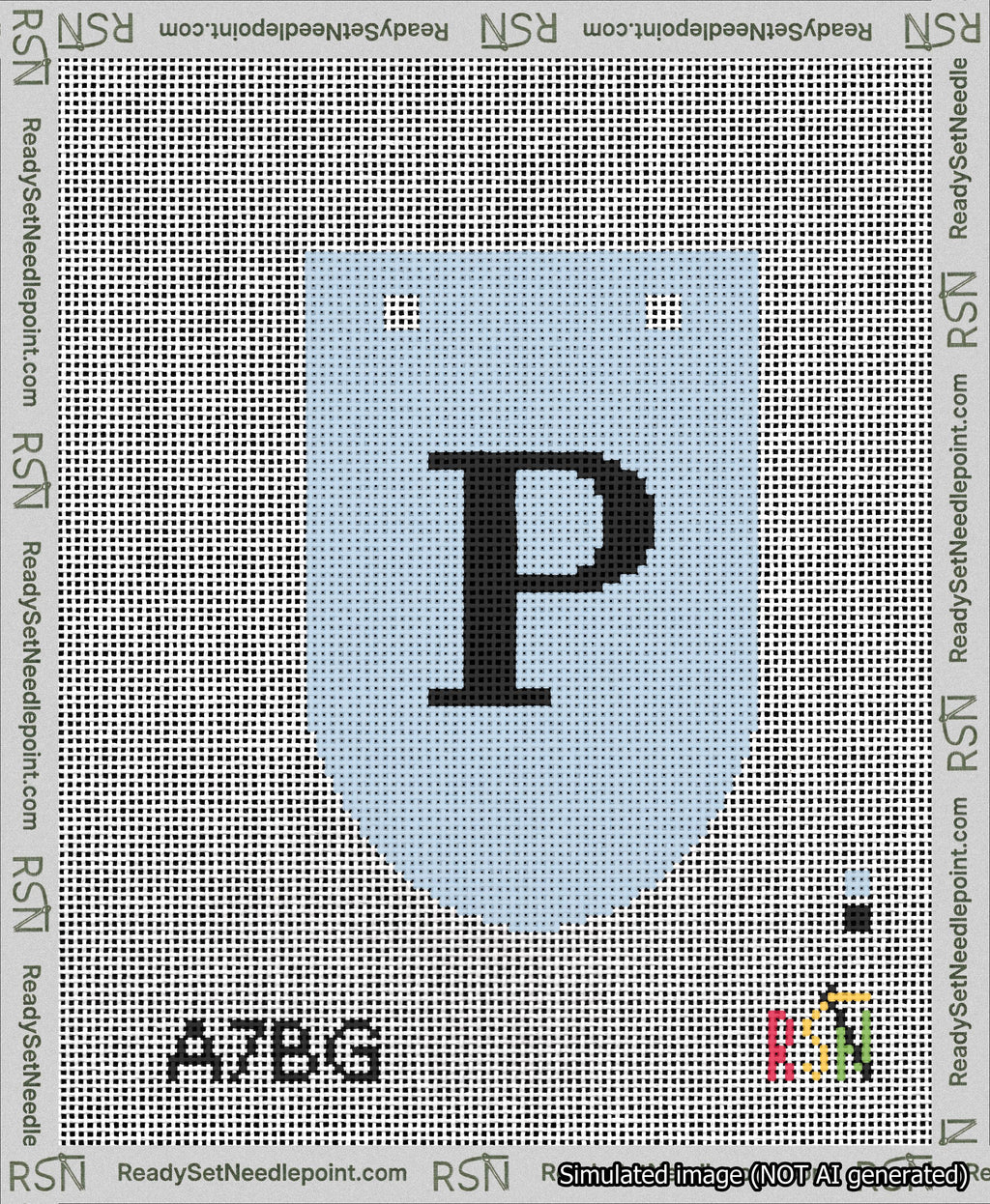 A taped needlepoint canvas with the design: Banner 13 mesh count Rounded P Black on Light Blue.