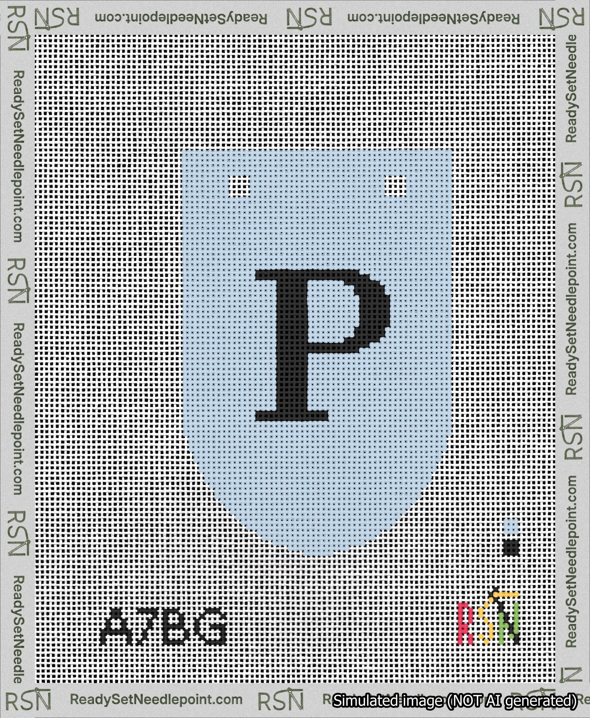 A taped needlepoint canvas with the design: Banner 13 mesh count Rounded P Black on Light Blue.