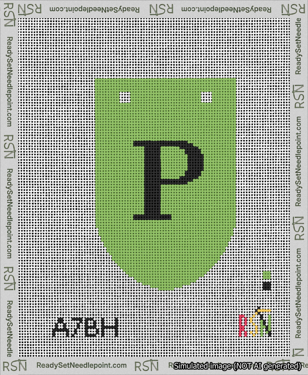 A taped needlepoint canvas with the design: Banner 13 mesh count Rounded P Black on Light Green.