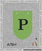 A taped needlepoint canvas with the design: Banner 13 mesh count Rounded P Black on Light Green.