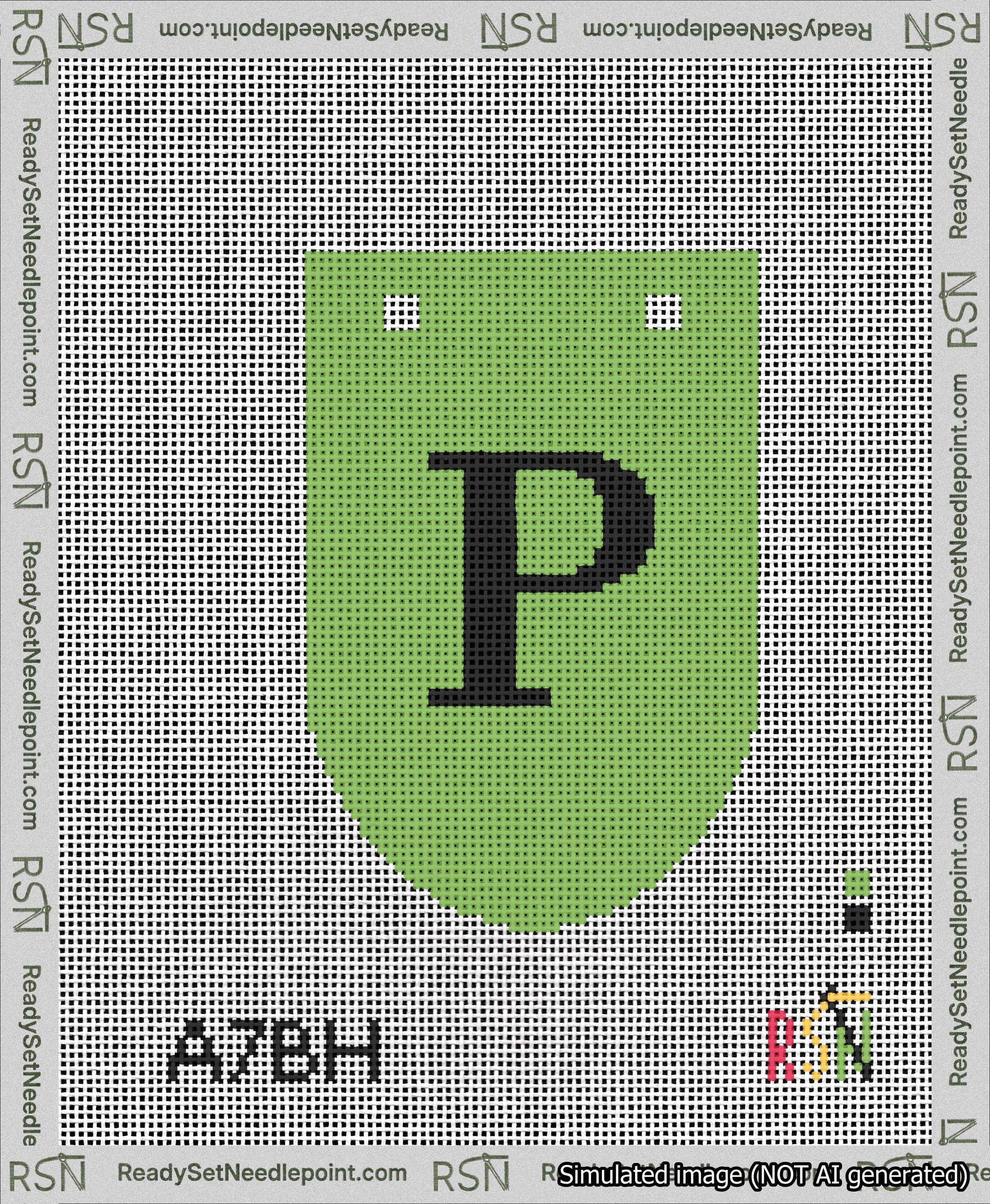 A taped needlepoint canvas with the design: Banner 13 mesh count Rounded P Black on Light Green.