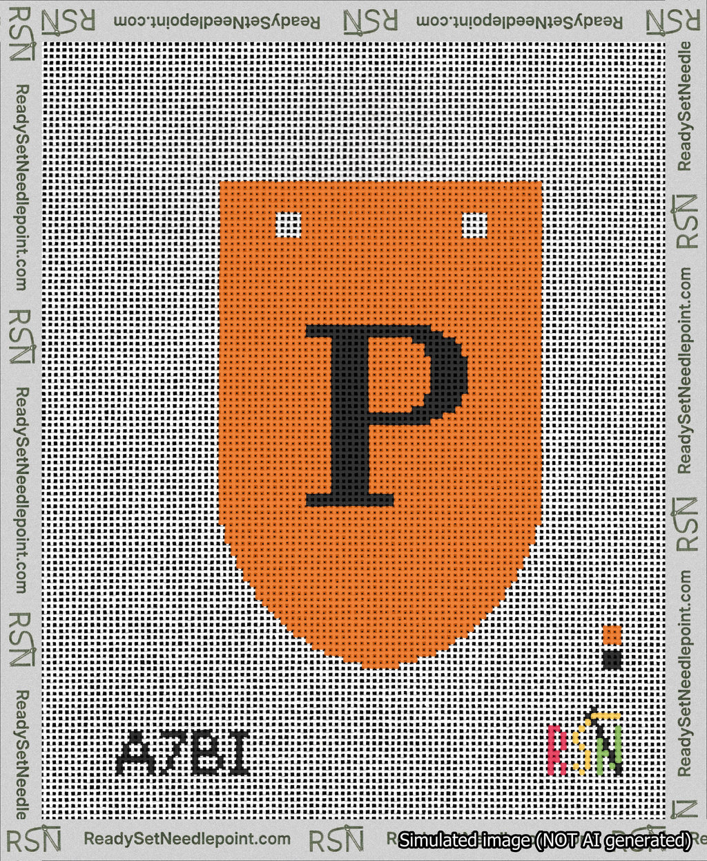 A taped needlepoint canvas with the design: Banner 13 mesh count Rounded P Black on Orange.