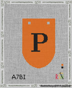 A taped needlepoint canvas with the design: Banner 13 mesh count Rounded P Black on Orange.