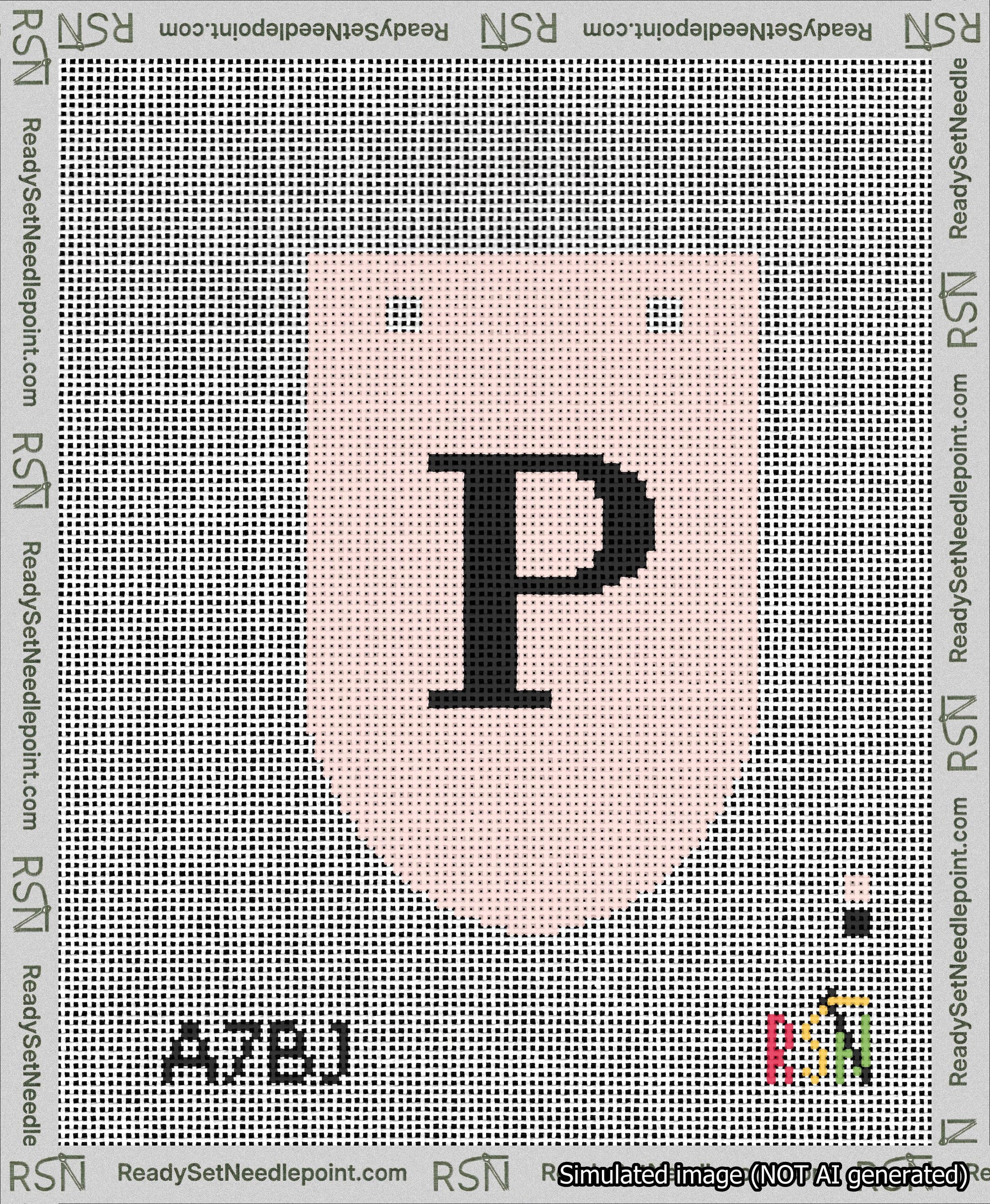 A taped needlepoint canvas with the design: Banner 13 mesh count Rounded P Black on Pink.