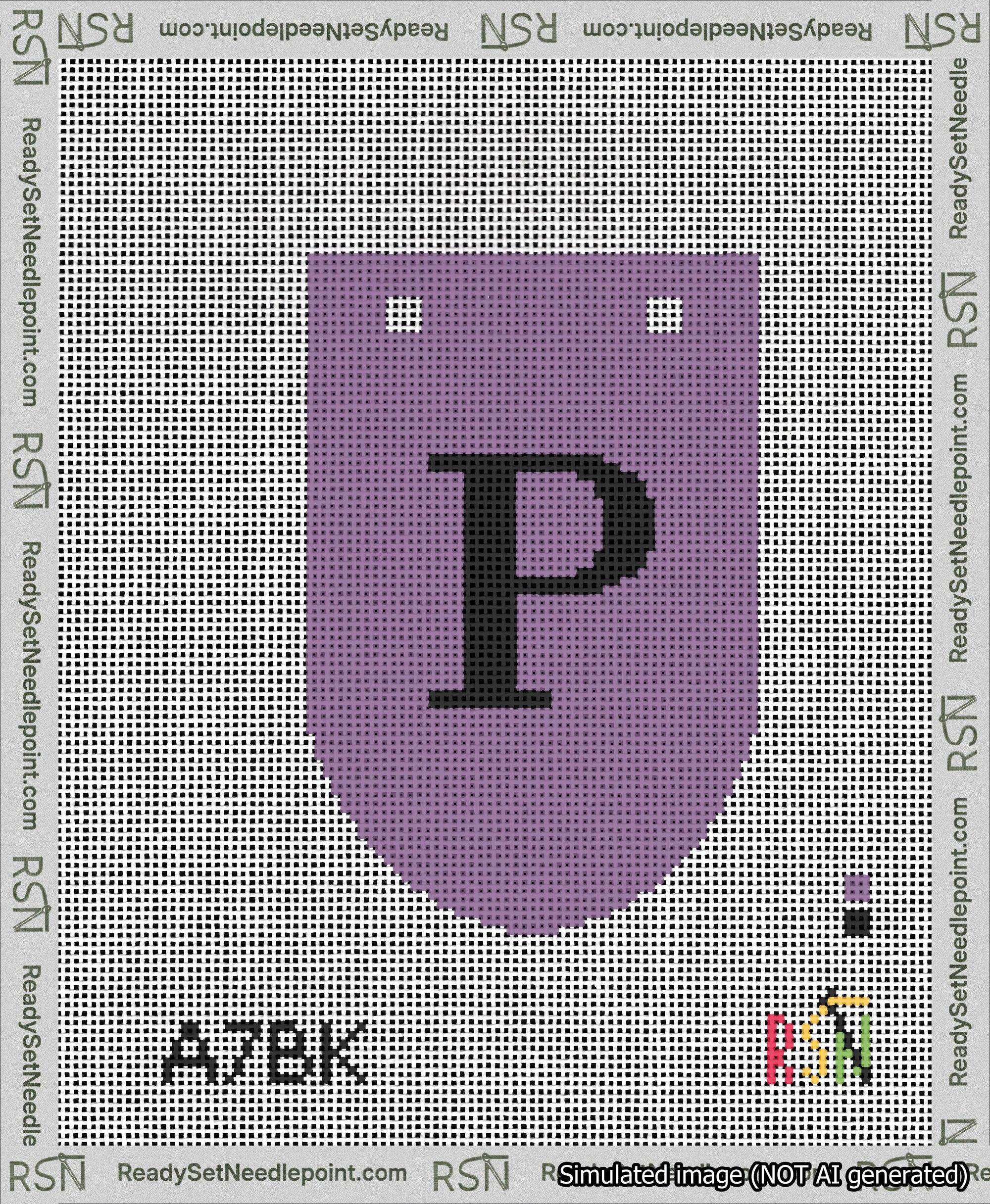 A taped needlepoint canvas with the design: Banner 13 mesh count Rounded P Black on Purple.